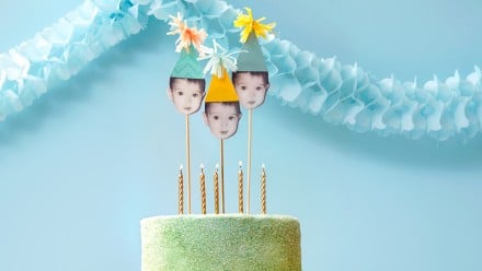 Green glitter cake with photo toppers