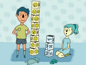 Illustration of dad and child with building blocks