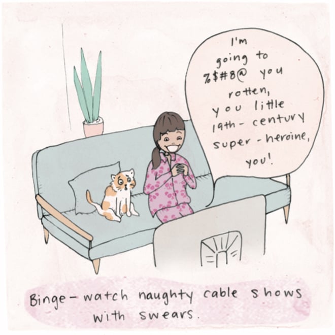 Illustration of mom on the couch with cat watching a naughty cable show