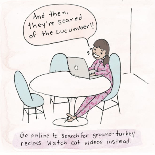 Illustration of mom on laptop laughing at a cat video