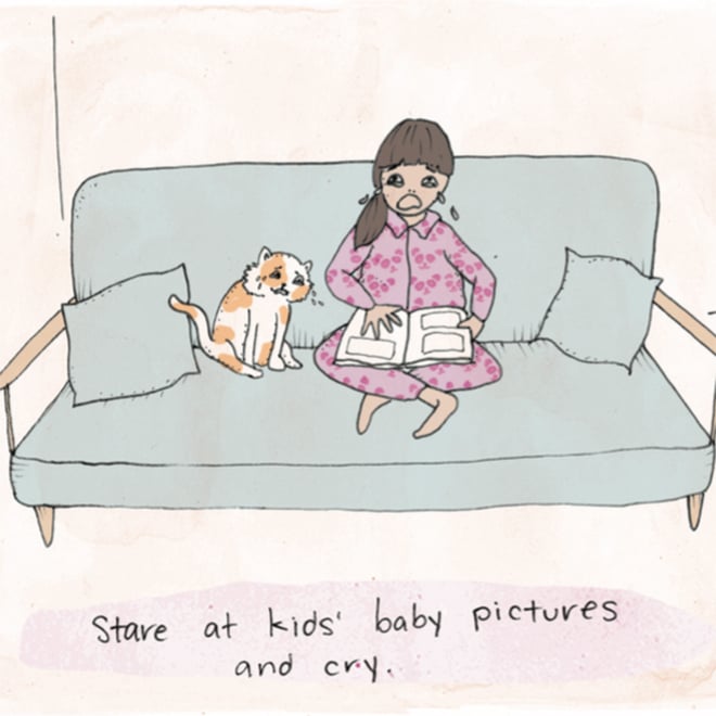 Illustration of mom and cat looking at baby pictures and crying
