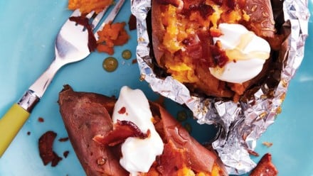 sweet potato in foil with bacon and sour cream