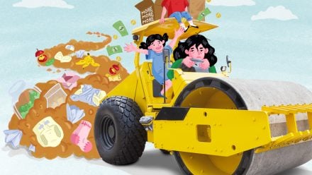tired mom riding steamroller with garbage piling up behind her