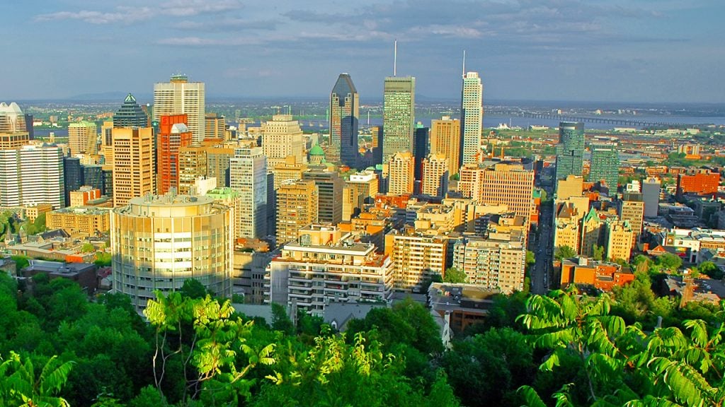 View of the Montreal skyline at sunset