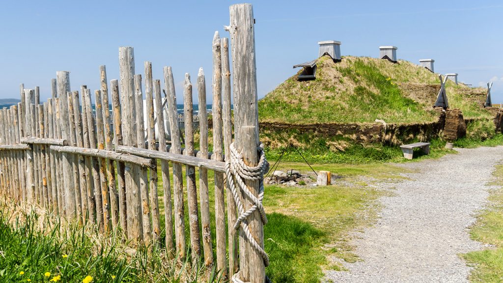 External view of a replica Viking dwelling at L' anse aux Meadows, Norstead Village, in Newfoundland, Canada