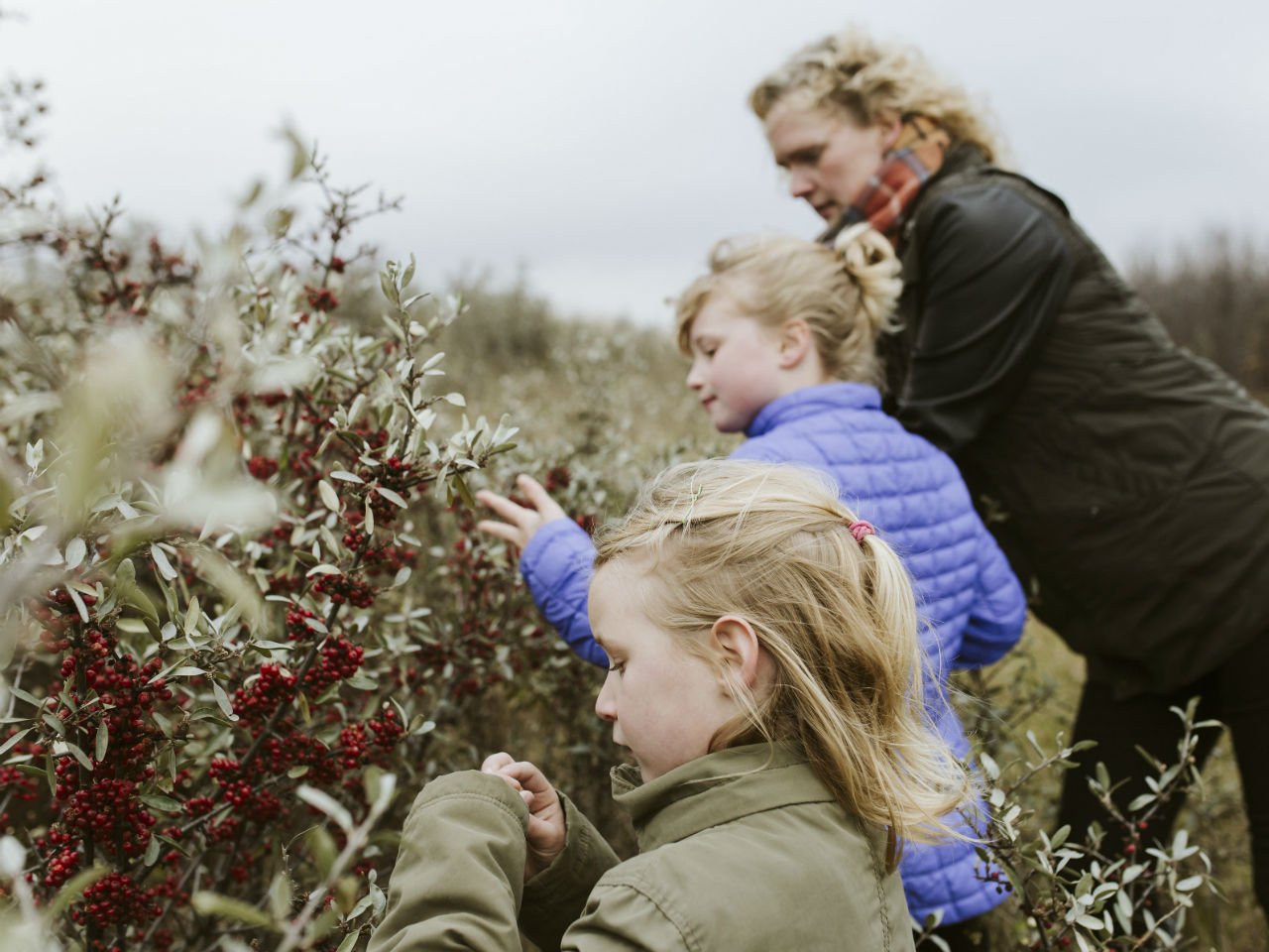a mother and her daughters examine berries in the valley