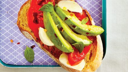toast with bocconcini cheese, avocado and tomato