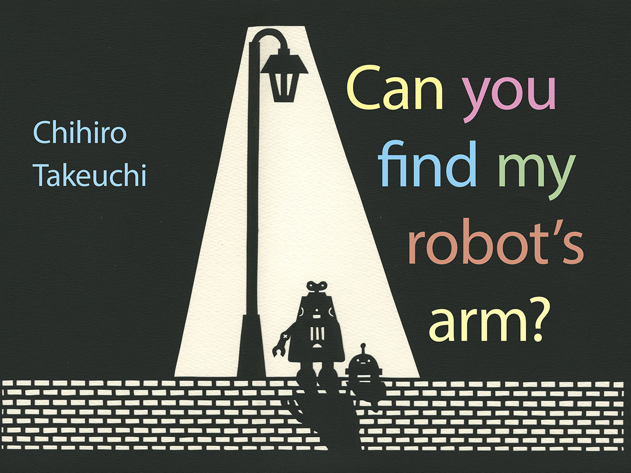 Book cover of Can You Find My Robot's Arm. Illustration of robot shadow under a street light 
