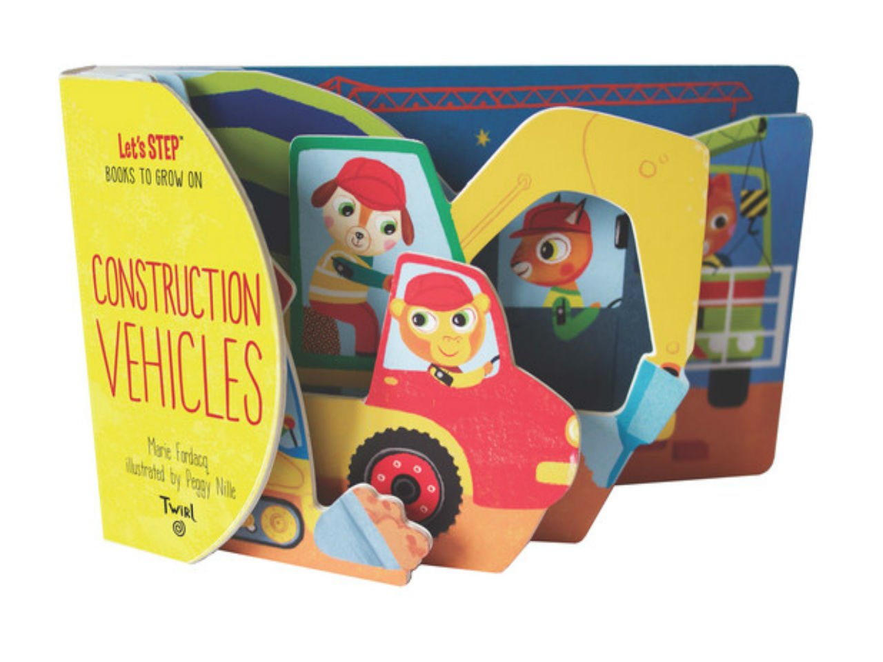 Photo of the board book Construction Vehicles showing the animals in the cars