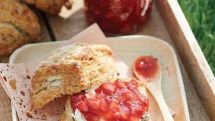 scones with a generous smear of fresh strawberry jam
