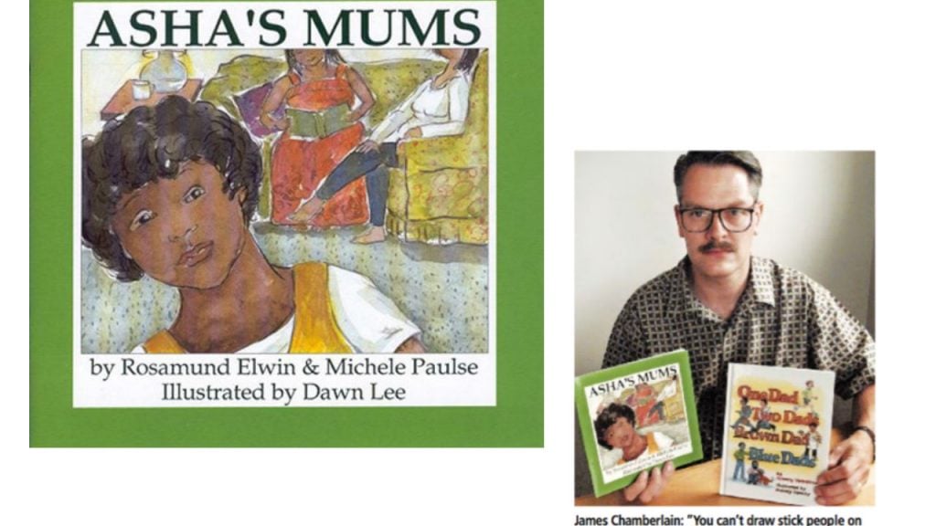 Book cover of Asha's Mums and picture from of Grade 1 teacher holding the book from the December 1998 issue of Chatelaine 