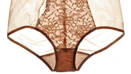 pair of lacy brown underwear with a seam ripped