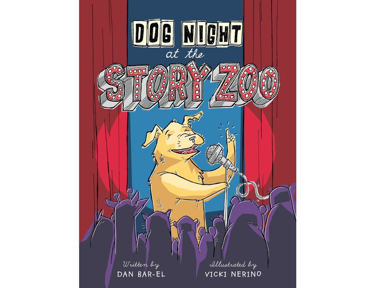 book cover with a dog on stage doing stand up