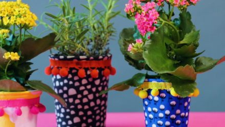 Plants in colourful patterned fabric pots