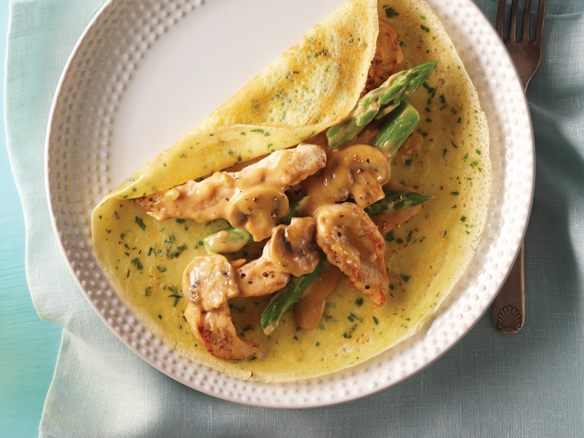 Herbed Crepes with Chicken, Asparagus and Mushrooms