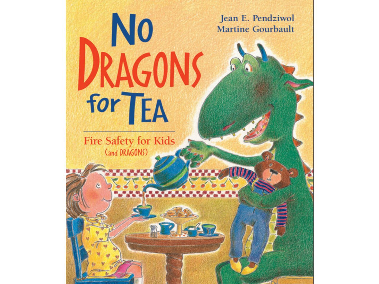 children's book with a dragon and little girl having a tea party