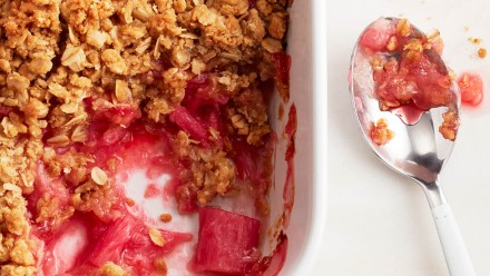 whit baking tray filled with rhubarb crisp