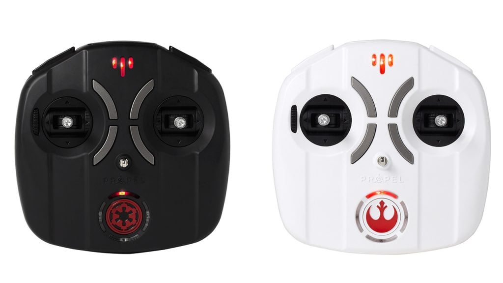 Two Star Wars drones controllers in Rebel Alliance white and Galactic Empire Black