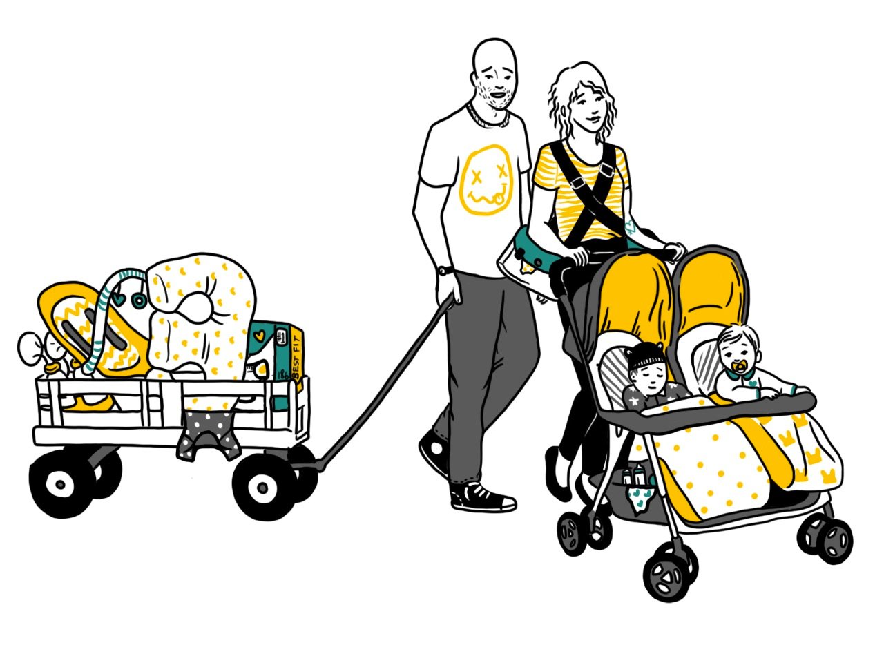 illustration parents with twins stroller and gear