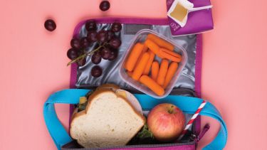 insulated lunch bag with sandwich, carrot sticks, grapes and an apple