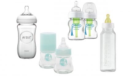 Best glass baby bottles: Philips Avent Natural Glass Baby Bottle, Mii Sophie la Girafe Glass Baby Bottle, Dr. Brown's Natural Flow Options Glass Wide-Neck Bottle, and Natursutten Glass Baby Bottle