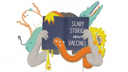 illustration of a mom reading a book titles Scary Stories about Vaccines with colourful monsters popping out