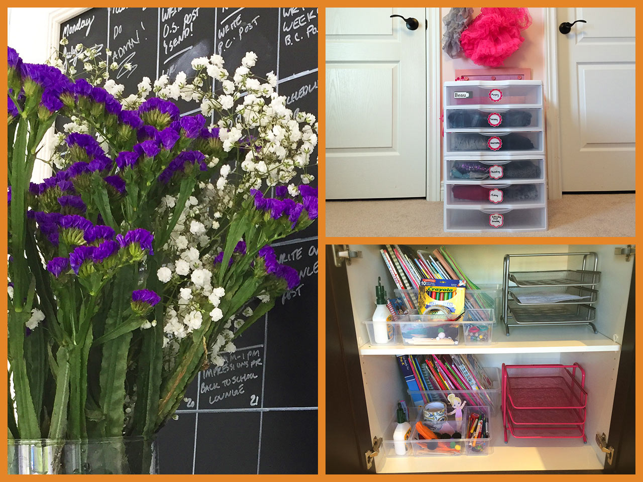 Three-photo collage of organization in Joanna's home: chalkboard calendar, flowers, sorting drawers and cabinet for school supplies