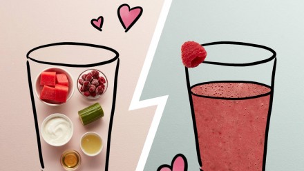 An illustration of a pink smoothie and all the foods that go in it