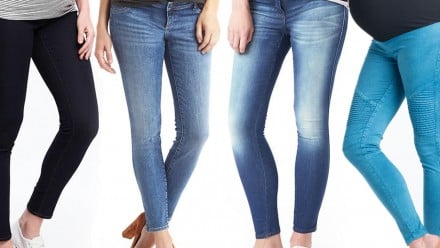 Women wearing maternity jeans