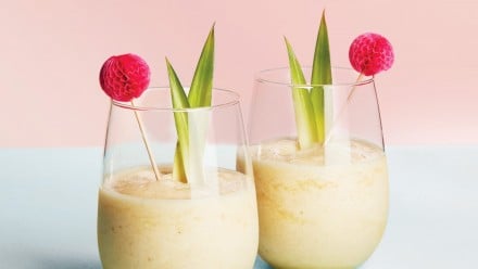 Tropical smoothies in clear glasses