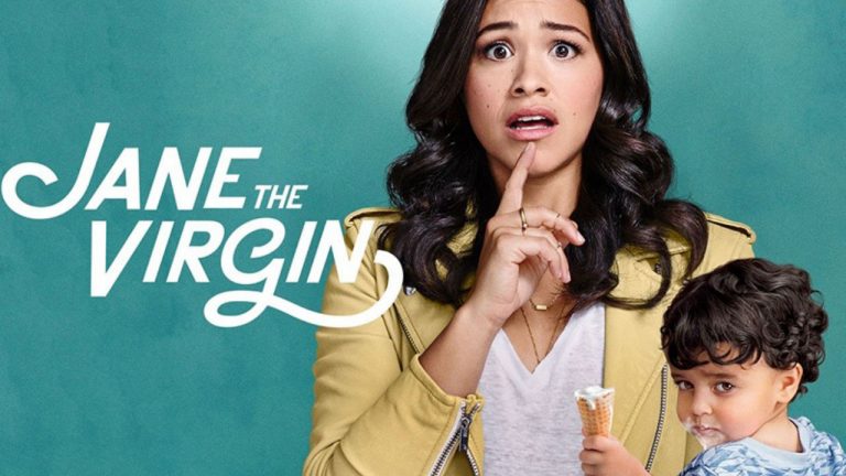 A poster for Jane the Virgin with the main character, Jane, holding a young boy with ice cream all over his face. She looks stressed and confused.