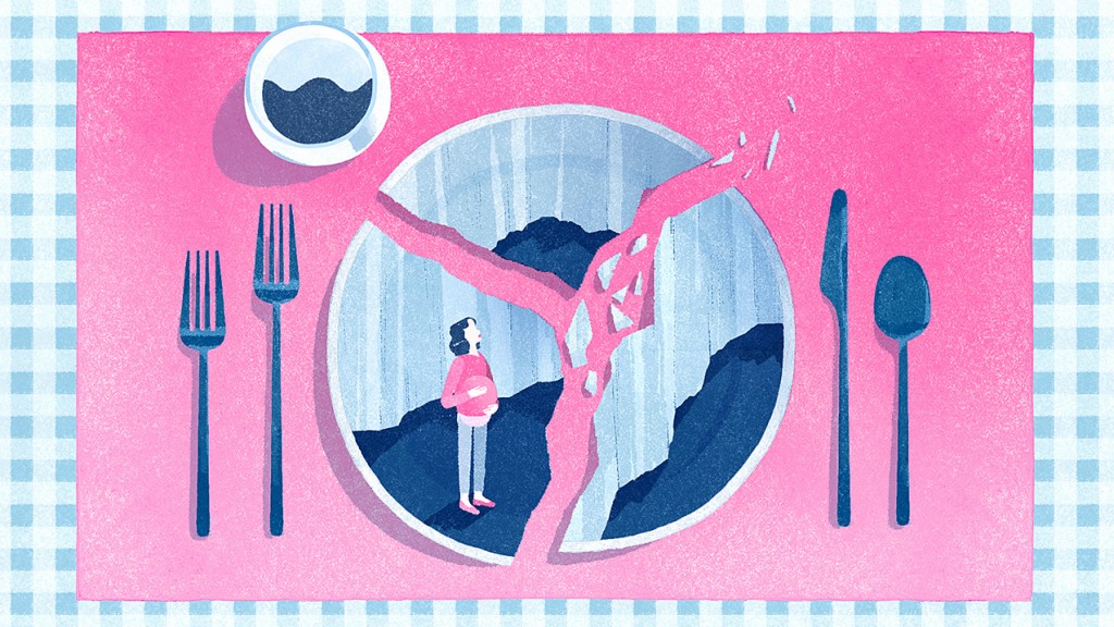 illustration of table setting with a smashed dinner plate. On the palt is an image of a pregnant woman looking up at the crack
