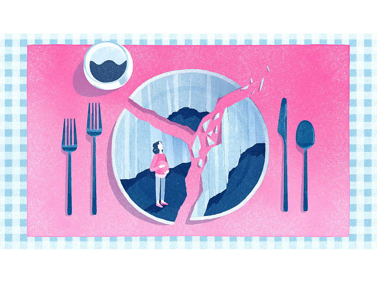 illustration of table setting with a smashed dinner plate. On the palt is an image of a pregnant woman looking up at the crack