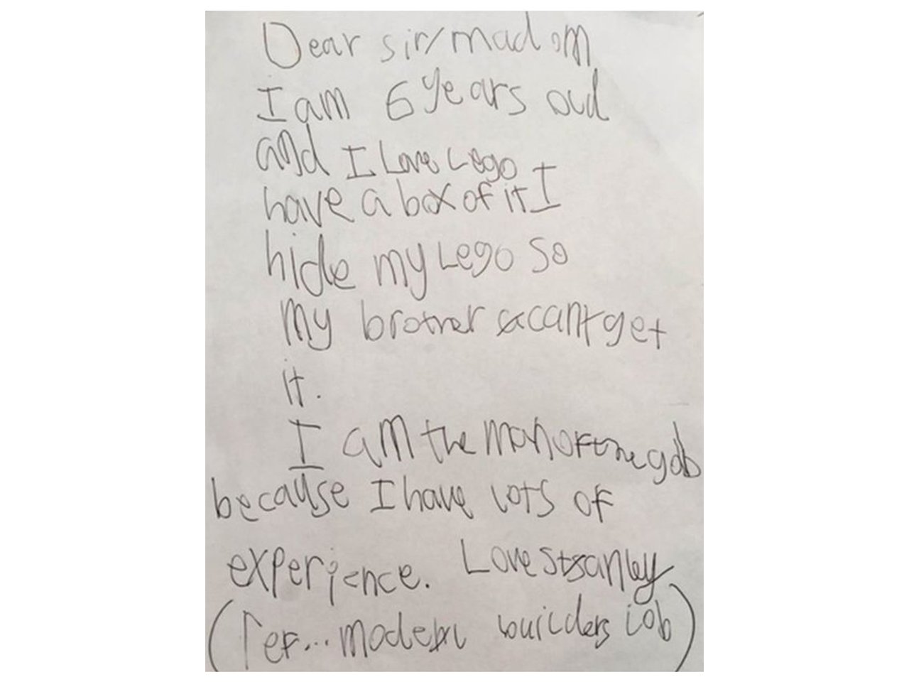 Handwritten letter from a six-year-old boy applying to a job at Legoland