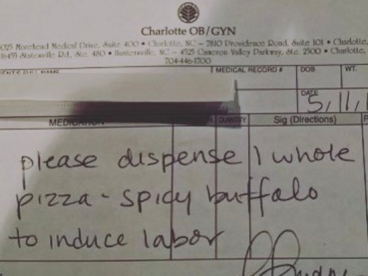 Prescription for the inducer pizza from an OB/GYN in North Carolina