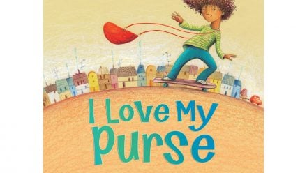 Cover art for the book, I Love My Purse. Shows a boy with curly hair riding a skateboard and holding a bright red purs
