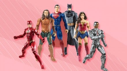 Poseable action figures of all the Justice League heroes: The Flash, Aquaman, Superman, Batman, Wonder Woman and Cyborg