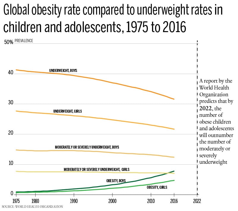 Graph showing the global obesity rate measured against the underweight rate for kids. Under weight lines are turning downward while obesity lines are turning upward