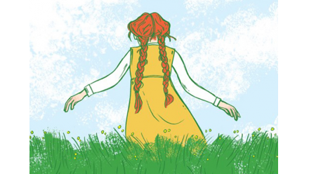 cover of anne of green gables book with girl standing in a field