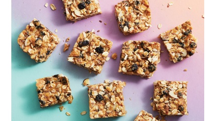 granola bar squares with blueberries and oats