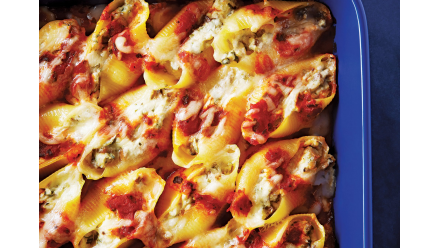 casserole dish filled with cheese stuffed shells