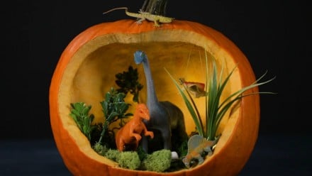 A pumpkin with a hole in it and dinosaurs in it
