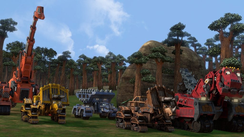 CG dinosaurs that are also trucks rolling along in a scene from the show Dinotrux