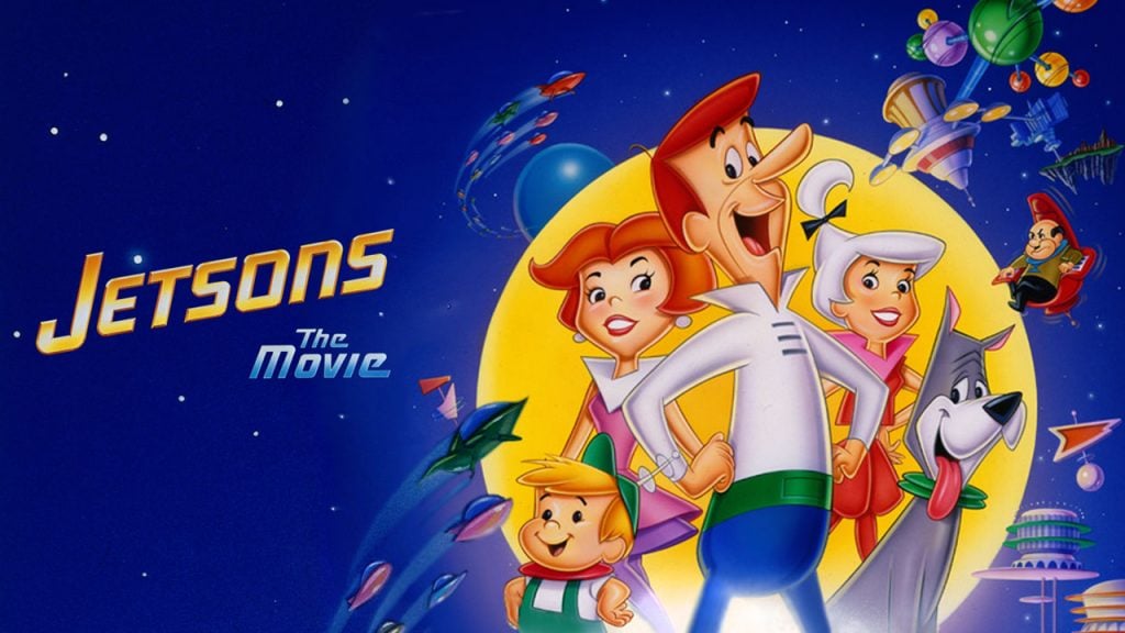 Promo image for Jetsons the movie. Shows illustration of the Jetsons family, a space age familywith Dad mom, two kids and a dog