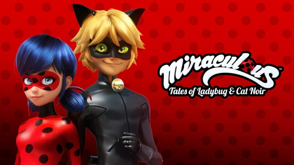 Promo image for the show Miraculous: Tales of Ladybug and Cat Noir. Show two super heroes. the girl is dress like a lady bug and the boy is dressed as a black cat