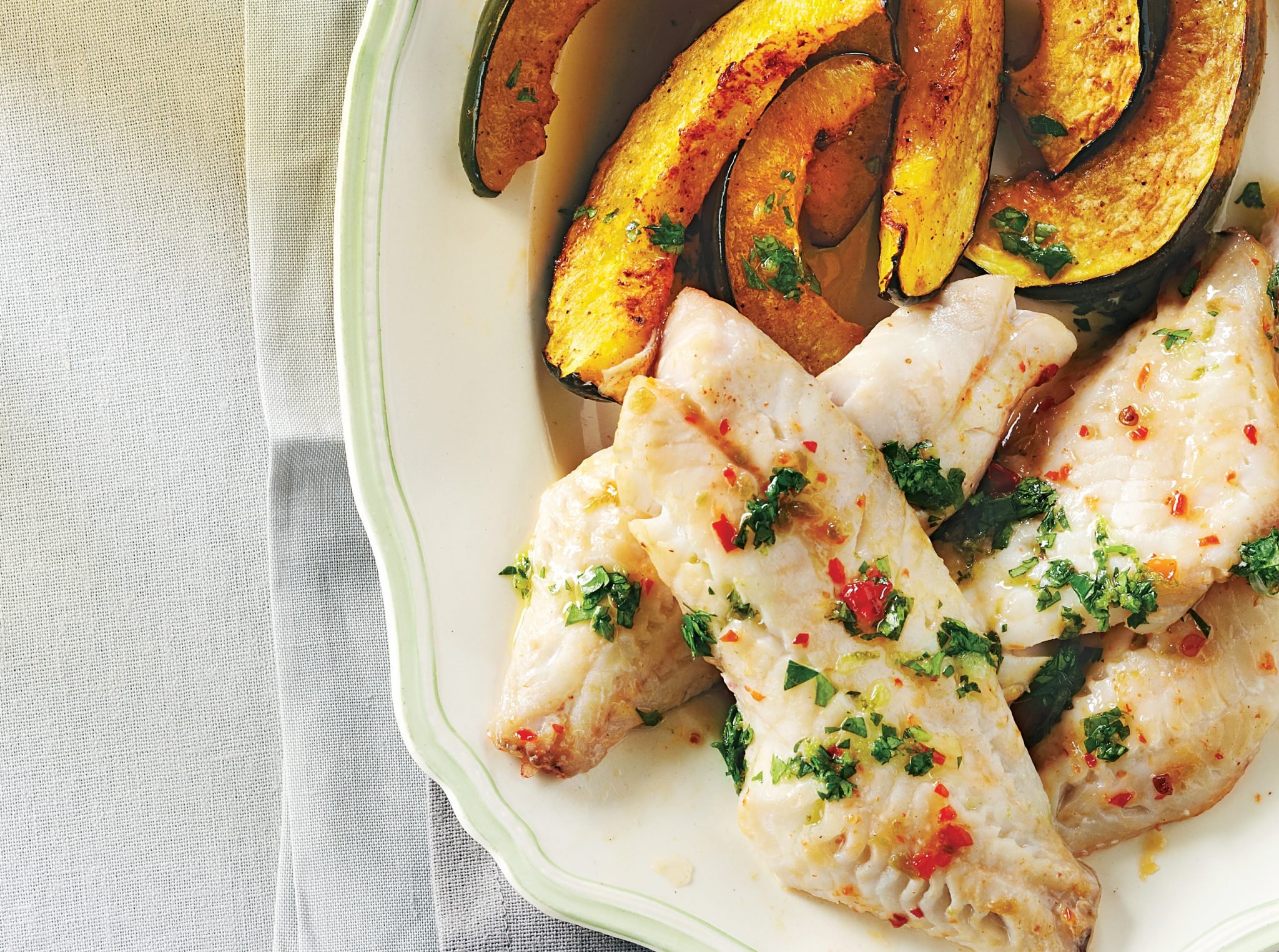 Roasted Perch Fillets and Squash with Cilantro-Lime Drizzle