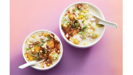 bowls of rice congee with ground meat and ginger