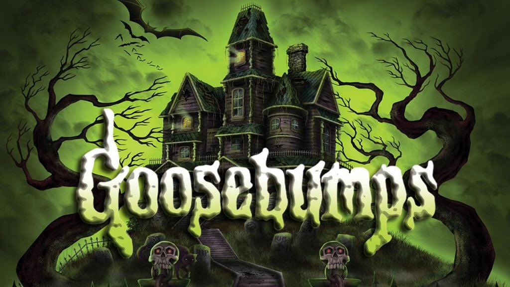 Promo image for the Goosebumps tv show. shows an illustrated haunted house surrounded by green clouds, bats and dead trees