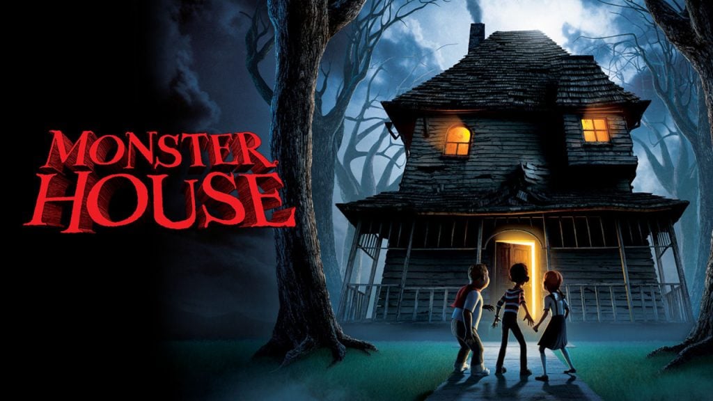 Promo image for the movie Monster House. Shows three kids standing in front of a spooky looking house that looks to be alive.