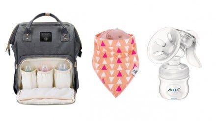 From left to right: gray backpack with baby bottle holders, coral bib with triangle pattern, clear Avent manual breast pump
